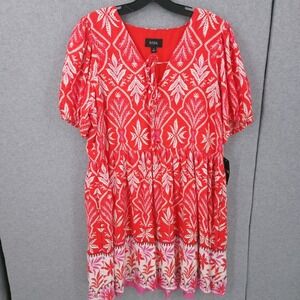 MSK Printed Tie V Neck Short Sleeve A Line Fiery Red Dress Womens Size M NWT